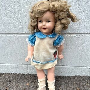 Vintage Shirley Temple Doll with Blue and Cream Dress